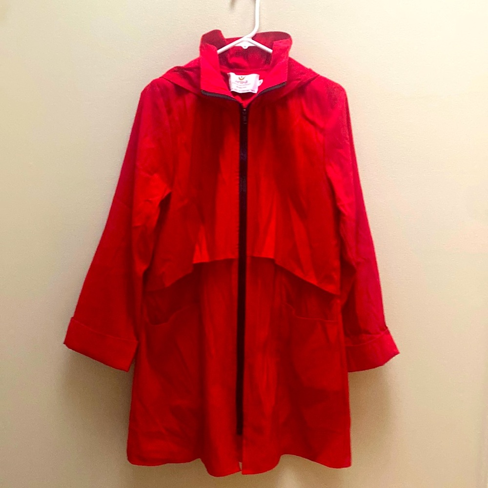 Red Hooded Raincoat- ver fashionable with cute details and big pockets.